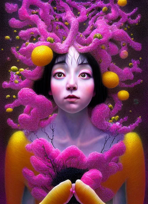 Image similar to hyper detailed 3d render like a Oil painting - kawaii portrait Aurora (black haired Fae acrobat) seen Eating of the Strangling network of yellowcake aerochrome and milky Fruit and Her delicate Hands hold of gossamer polyp blossoms bring iridescent fungal flowers whose spores black the foolish stars by Jacek Yerka, Mariusz Lewandowski, Houdini algorithmic generative render, Abstract brush strokes, Masterpiece, Edward Hopper and James Gilleard, Zdzislaw Beksinski, Mark Ryden, Wolfgang Lettl, hints of Yayoi Kasuma, octane render, 8k