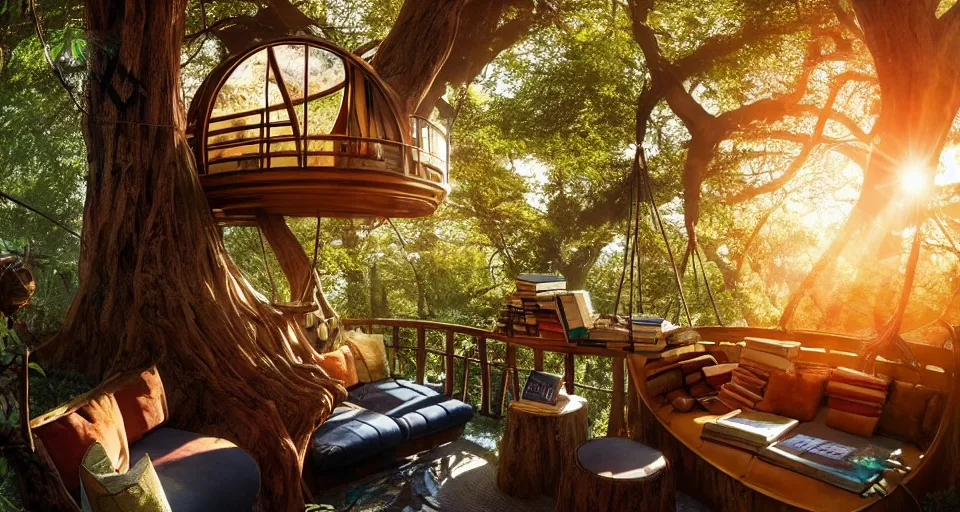 Prompt: An incredibly beautiful scene from a 2022 sci-fi film featuring a cozy art nouveau reading nook in a fantasy treehouse interior. Scattered books and cushions. A tree trunk. Suspended walkways. Golden Hour. 8K UHD.