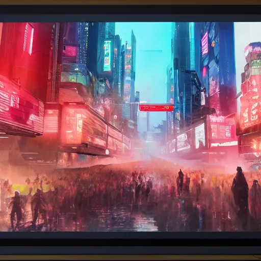 Image similar to photo of futuristic paintings displayed on big screen in cyberpunk city, enormously detailed, digital painting