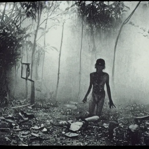 Image similar to an ancient demon-girl devouring a soul on an abandoned mad house, Colombian jungle, mist, 1910 polaroid photography, grainy film, resident evil, Black and white