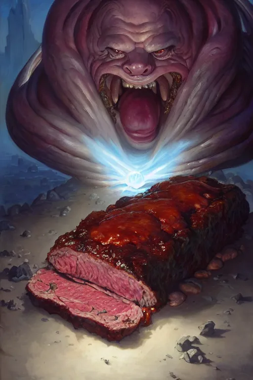 Prompt: meatloaf inside a meat loaf, hyper detailed, digital art, artstation, cinematic lighting, studio quality, smooth render, by peter mohrbacher, hajime sorayama, wayne barlowe, boris vallejo, aaron horkey, gaston bussiere, craig mullins, caravaggio