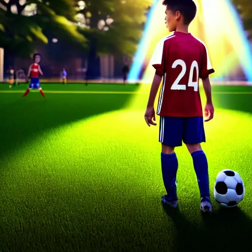 Image similar to a young boy wearing soccer clothes in the park ultra realistic, lens flare, atmosphere, glow, detailed, intricate, full of colour, cinematic lighting, trending on artstation, 4 k, hyperrealistic, focused, extreme details, unreal engine 5, cinematic, masterpiece, ultra realistic, hyper realistic, highly detailed, sharp focus, digital art