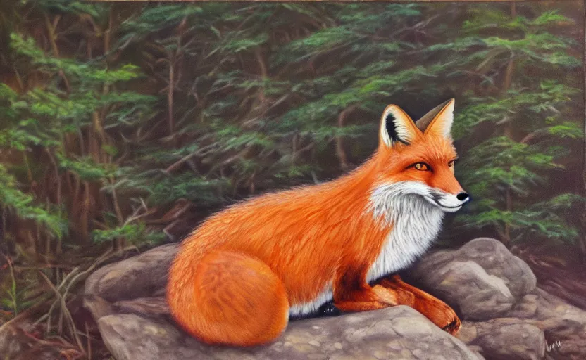 Image similar to a highly detailed fox sitting on a rock in the woods looking at the camera while the sun is shining, oil painting