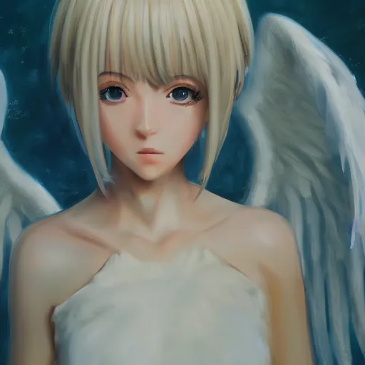 Image similar to an oil painting of an anime girl with angel wings, hd, hdr, ue 5, ue 6, unreal engine 5, cinematic 4 k wallpaper, 8 k, ultra detailed, high resolution, artstation, award winning