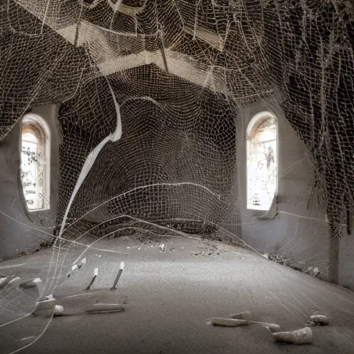 Prompt: concrete church, melting, deserted, nest of spiders and plastic tubes