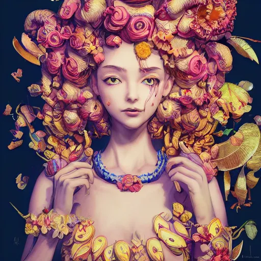 Prompt: the portrait of an absurdly beautiful, graceful, elegant, and perky young woman made of bananas and petals, an ultrafine detailed illustration by kim jung gi, irakli nadar, intricate linework, bright colors, octopath traveler, final fantasy, angular, unreal engine 5 highly rendered, global illumination, radiant light, detailed and intricate environment