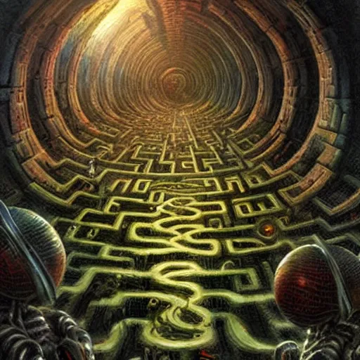 Image similar to a hyper realistic painting of an alien labyrinth, by ralph horsley, highly detailed, vivid color,