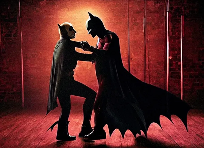 Image similar to Batman and Joker dance together，atmospheric lighting, masterpiece, award winning painting by Emmanuel Lubezki