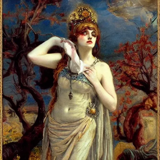 Image similar to persephone as goddess of death, by alfred stevens