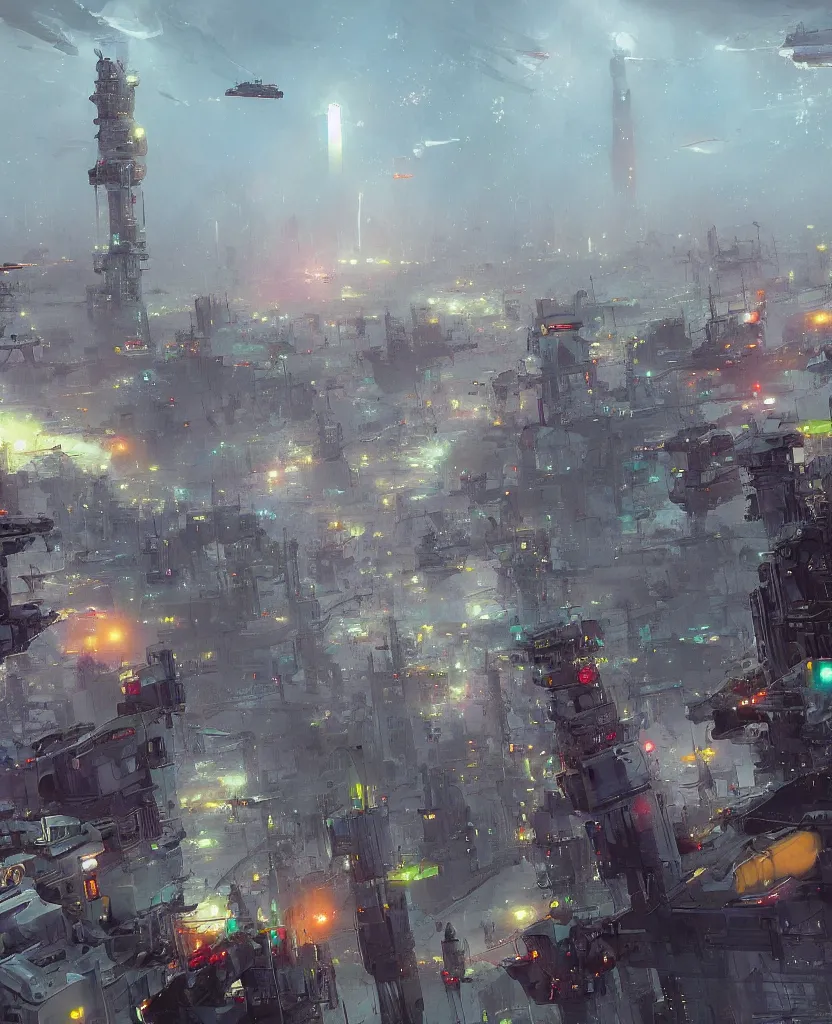 Prompt: concept art of a skyline filled with flying cars, cargo ships, spaceships and a lone towering sci - fi lighthouse at the cape of a busy city, grimy, gritty, blade runner 2 0 4 9, trending on artstation, award winning painting, cgi, art by john berkey and anton fadeev and john howe and simon stalenhag