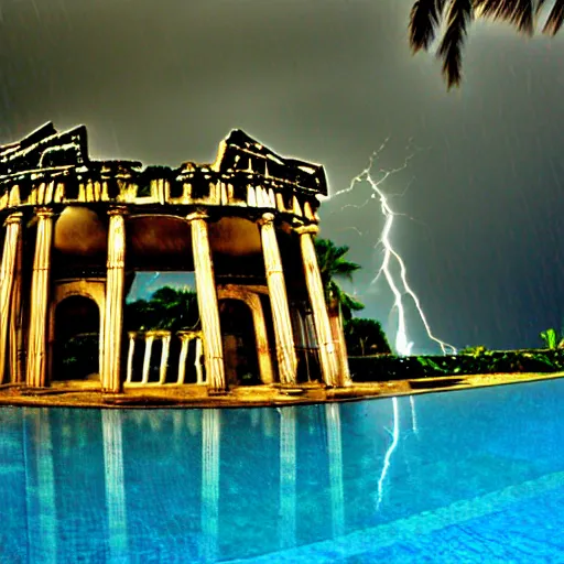 Prompt: Palace of the chalice, refracted sparkles, motion blur, accidental pic, thunderstorm, greek pool, beach and Tropical vegetation, 2005 blog, dslr camera IMG_4016