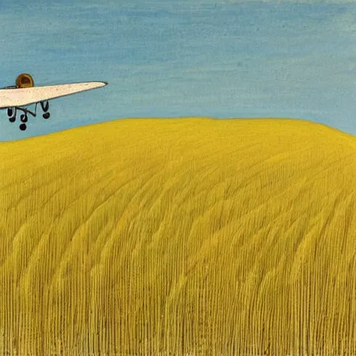 Image similar to a yellow biplane flying low over a wheat field, by eric ravilious