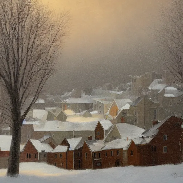 Prompt: a beautiful painting of a small new england town engulfed in a noreaster blizzard by rutkowski and rockwell, detailed, art gallery quality, cinematic lighting