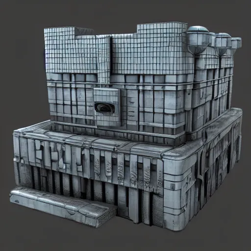 Image similar to 3d sculpt of a thick square industrial scifi cyberpunk building facade gun metal factory machine inspired by the matrix and star wars, by jim burns and terminator, Artstation Unreal W-960