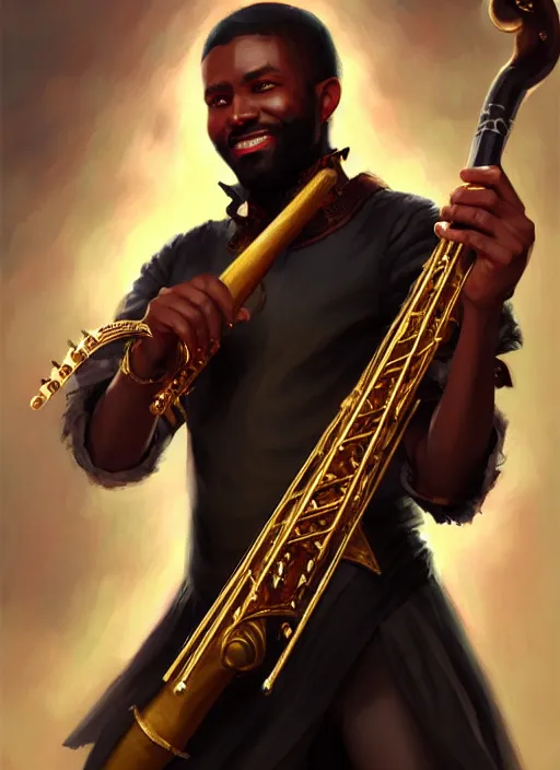 Image similar to a _ fantasy _ style _ portrait _ painting _ of black male charismatic bard playing instrument, rpg dnd oil _ painting _ unreal _ 5 _ daz. _ rpg _ portrait _ extremely _ detailed _ artgerm _ greg _ rutkowski _ greg