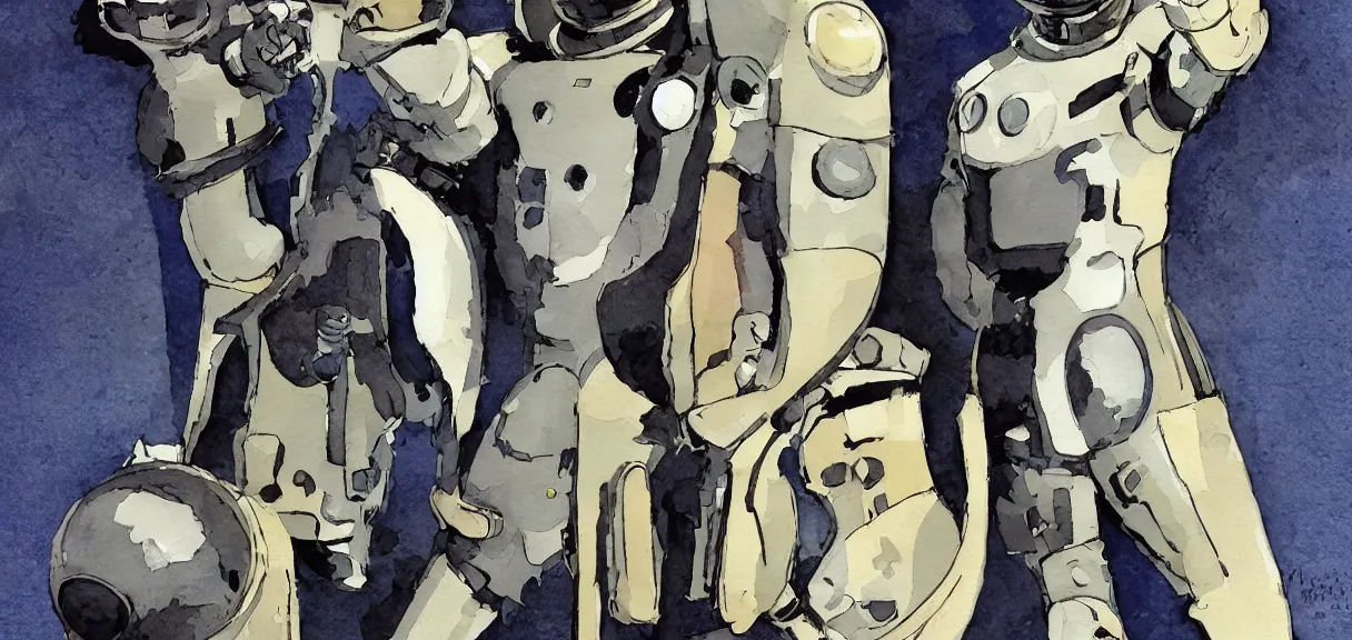 Image similar to male, full body!!!!!!, space suit with a modern helmet, large shoulders, short torso, long thin legs, tiny feet, character sheet, science fiction, very stylized character design, watercolor digital painting, by mike mignola, by alex maleev, jean giraud, painted by leyendecker