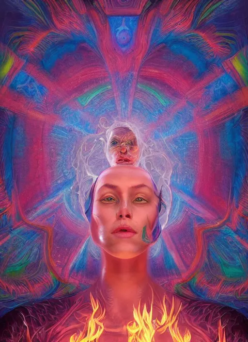 Image similar to portrait ultra dimensional cult girl shaman, accidentally tripping on dmt salvia, psychedelic experience, overwhelming psychosis of self realization and burning awakening, ultra high definition, unreal engine 5, hyperrealism, masterpiece composition, by peter kemp, casey weldon, barclay shaw