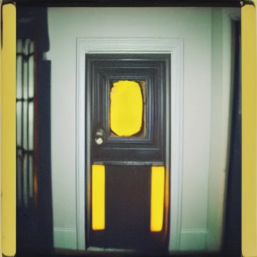 Image similar to low angle wide shot of the door, door is slightly open, the darkness behind it, with multiple white and yellow eyes glowing, eyes gleaming, eyes shining in the dark ominously, sunset, polaroid photo, by Warhol,