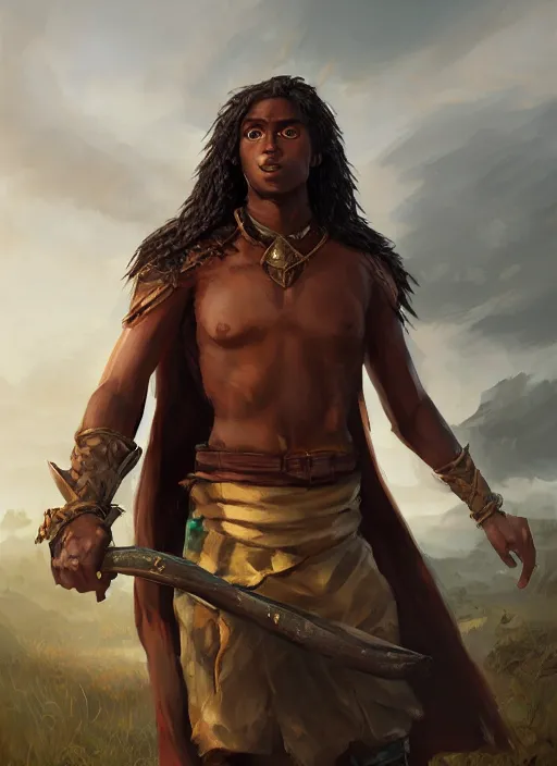 Prompt: An epic fantasy comic book style portrait painting of a young dark skinned long haired boy peasant with intelligent eyes, unreal 5, DAZ, hyperrealistic, octane render, cosplay, RPG portrait, dynamic lighting