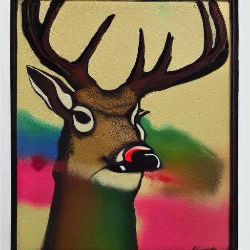 Prompt: deer with a cigarette in its mouth and thick smoke coming out of the cigarette, abstract, thick paint, painterly, brown and green palette, dripping paint