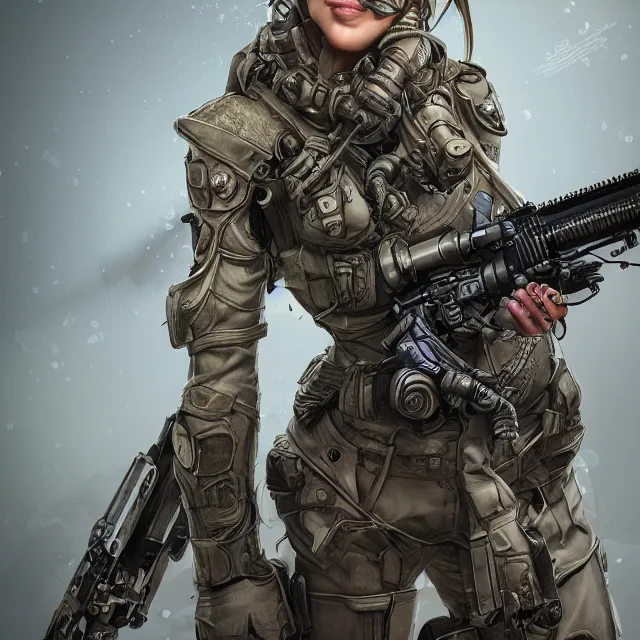 Image similar to the photorealistic portrait of lawful neutral female futuristic marine sniper as absurdly beautiful, gorgeous, elegant, young gravure idol, an ultrafine hyperdetailed illustration by kim jung gi, irakli nadar, intricate linework, bright colors, octopath traveler, final fantasy, unreal engine 5 highly rendered, global illumination, radiant light, detailed and intricate environment