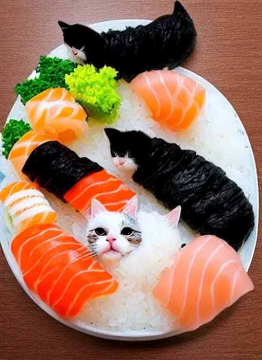 Image similar to clear photorealistic picture of adorable cats made out of sushi