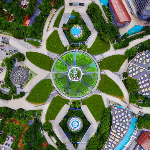 Prompt: a radial plaza and park from above, top down view