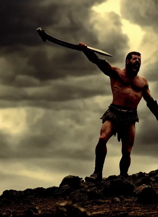 Image similar to cinematic film still of joe biden as leonidas shouting in 3 0 0 movie, 8 k, epic moody sky, dramatic lighting