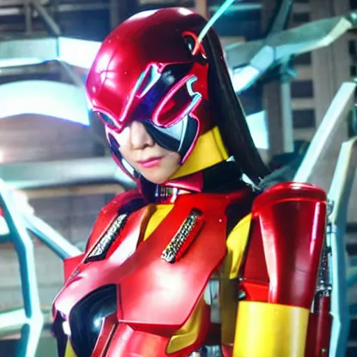 Prompt: still from a 2 0 1 9 japanese tokusatsu tv show starring actress suzu yamanouchi as a cybernetic female sentai hero. science - fiction ; action.