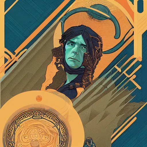 Image similar to majestic dune themed paul atreides messianic tarot card by sachin teng, moebius, artgerm, alphonse mucha, masterpiece, organic painting, matte painting, futuristic geometrical drawing shapes, desert ambience, hard edges, graffiti, poster art by sachin teng