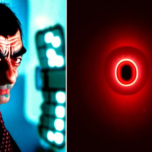 Image similar to mr. bean as the terminator. movie still. red glowing eye. t 1 0 0 0, cinematic lighting.