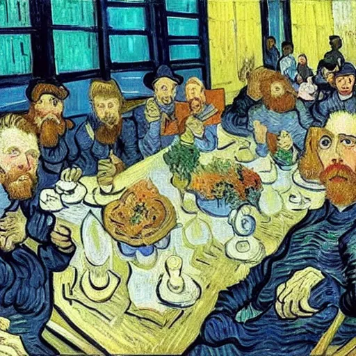 Image similar to a group of friends having lunch, van Gogh style