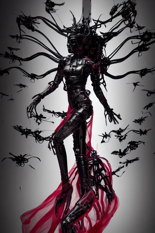 Image similar to full-body cyberpunk style sculpture of a young beautiful dark priestess, half android with a head opening exposing circuitry, glowing red eyes, black roses, flowing blood-red colored silk, fabric, candles, baroque elements, human skull, full-length view. baroque element, intricate artwork by Caravaggio. crows flying in background. Trending on artstation. octane render, cinematic lighting from the right, hyper realism, octane render, 8k, depth of field, 3D