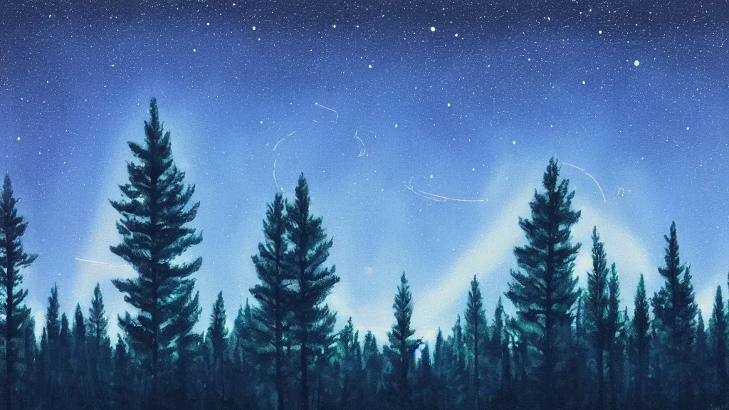 Image similar to A retro glossy white robot stands in the middle of a forest in the centre of the frame. softly glowing blue trees at night. The sky above has many stars and a beautiful blue aurora. Comet in the middle of the sky. Cyril Roland naomi okubo. Trending on artstation. Digital painting.