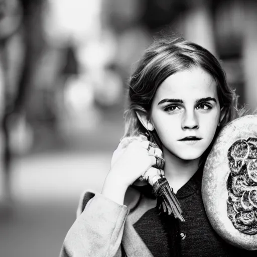 Prompt: photo of teenage emma watson as schoolgirl, holding stringbag full of bagels, street of moscow, shallow depth of field, cinematic, 8 0 mm, f 1. 8