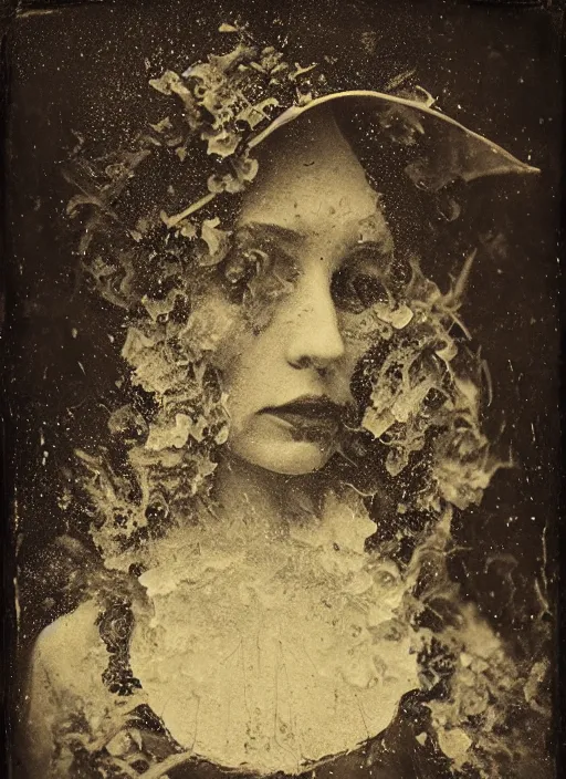 Prompt: old wetplate daguerreotype portrait of the witch, explosion of data fragments, fractal, intricate, elegant, highly detailed, parallax, leica, medium format, subsurface scattering, by jheronimus bosch and greg rutkowski and louis jacques mande daguerre