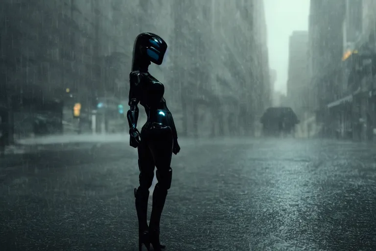 Image similar to vfx marvel sci-fi woman black super hero robot photo real full body action pose, city street cinematic lighting, rain and fog closeup by Emmanuel Lubezki