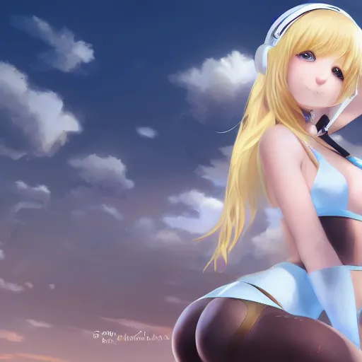 Image similar to full body shot : a very beautiful young blond anime girl with bunny headphones, sky blue eyes,, bikini, miniskirt, highly detailed, cinematic wallpaper by stanley artgerm lau
