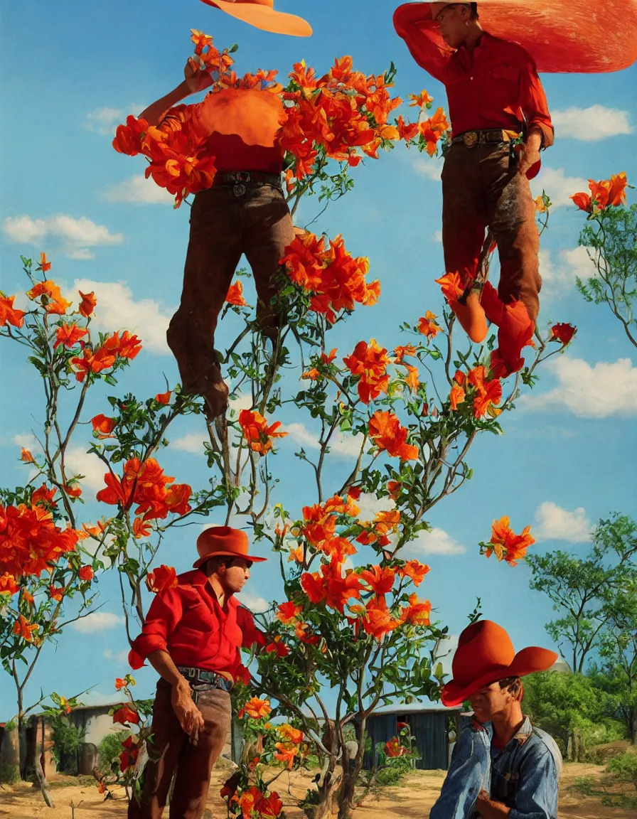 Image similar to a cowboy turning into blooms by slim aarons, by zhang kechun, by lynda benglis. tropical sea slugs, angular sharp tractor tires. complementary colors. warm soft volumetric light. national geographic. 8 k, rendered in octane, smooth gradients. greek sculpture of a manly cowboy by edward hopper and frank frazetta. red accents.