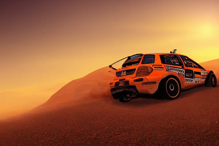 Image similar to far away rally car on the dirt road, extremely detailed digital art, sunset, orange gradient, 8k