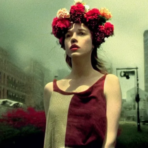 Image similar to movie still of the girl with the flowers head, cinematic composition, cinematic light, by edgar wright and david lynch