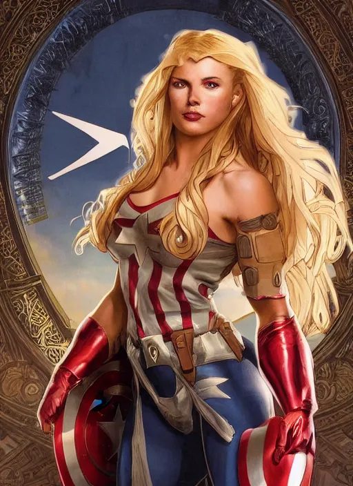 Image similar to toned young april with a mischievous face and extremely long blonde wavy hair dressed as superhero in her early 2 0 s, posing with hands behind back, captain america, tight fit, curvaceous, intricate detailed face, shiny, artgerm, greg rutkowski, alphonse mucha