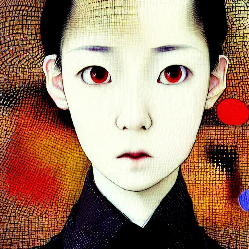 Image similar to yoshitaka amano blurred and dreamy realistic three quarter angle portrait of a young woman with short hair and black eyes wearing office suit with tie, junji ito abstract patterns in the background, satoshi kon anime, noisy film grain effect, highly detailed, renaissance oil painting, weird portrait angle, blurred lost edges