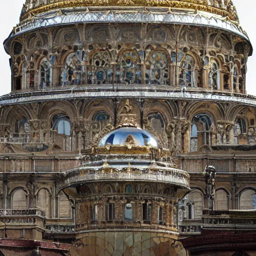 Prompt: a city with sixty silver domes, bronze statues of all the gods, streets paved with lead, a crystal theater, a golden bird that crows each morning on a tower