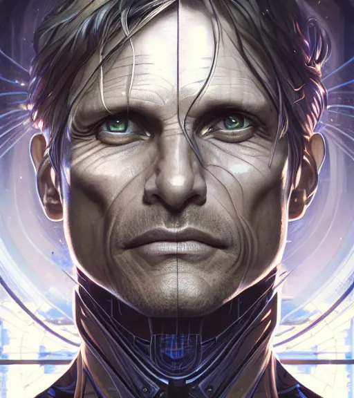 Image similar to symmetry portrait of viggo mortensen cyberborg ultra detailed, intricate, anime, dynamic lighting, digital art, digital painting, art station, wlop, sharp focus, illustration, art by artgerm and greg rutkowski and alphonse mucha