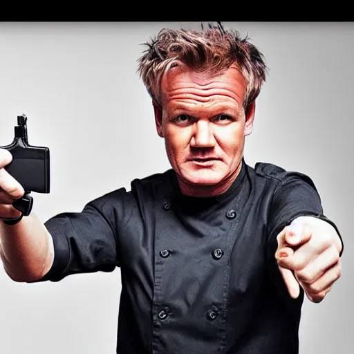 Image similar to gordon ramsey holding handgun, selfie, phone camera, famous chef gordon ramsey, pointing gun at camera, realistic photography