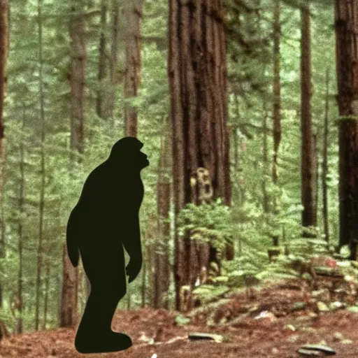 Prompt: a screen capture of found footage video of bigfoot, left behind by a missing hiker in 1 9 8 6