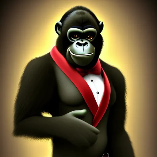 Image similar to friendly dapper anthropomorphized gorilla character portrait, by don bluth, sci - fi environment, highly detailed, dynamic shadows, 4 k, wallpaper - 1 0 2 4