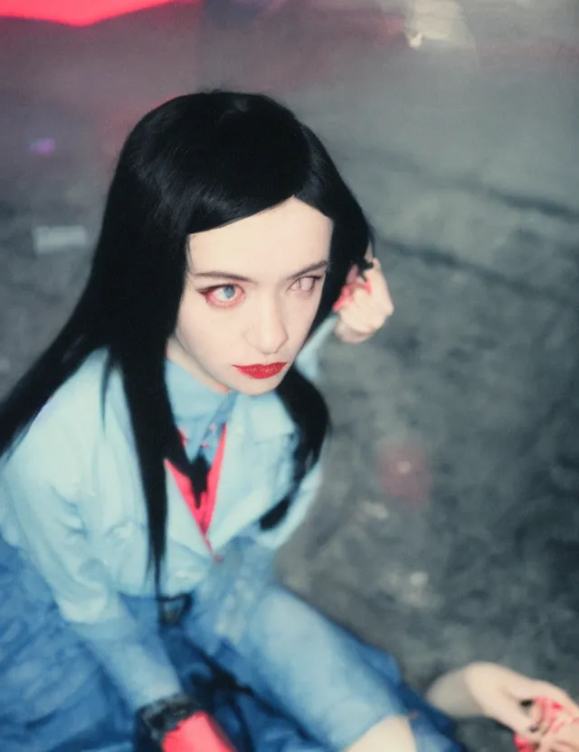 Image similar to portrait school girl with black hair and a strong grange makeup sitting on a floor in a subway, neon light, wide angle coloured polaroid photograph with flash, kodak film stock, hyper real, stunning moody cinematography, with anamorphic lenses, by maripol, fallen angels by wong kar - wai, style of suspiria and neon demon, detailed