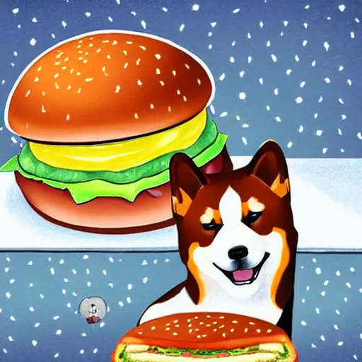Image similar to a fortune-telling shiba inu reading your fate in a giant hamburger, digital art